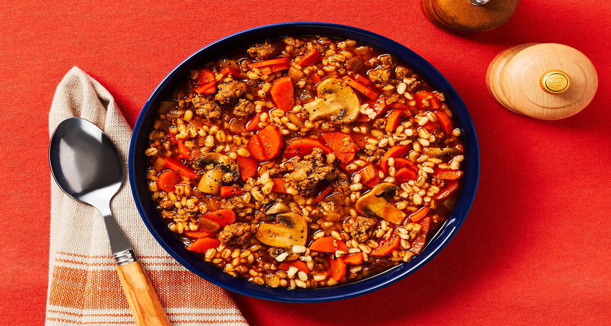Beef, Barley & Mushroom Soup with Carrots & Onion