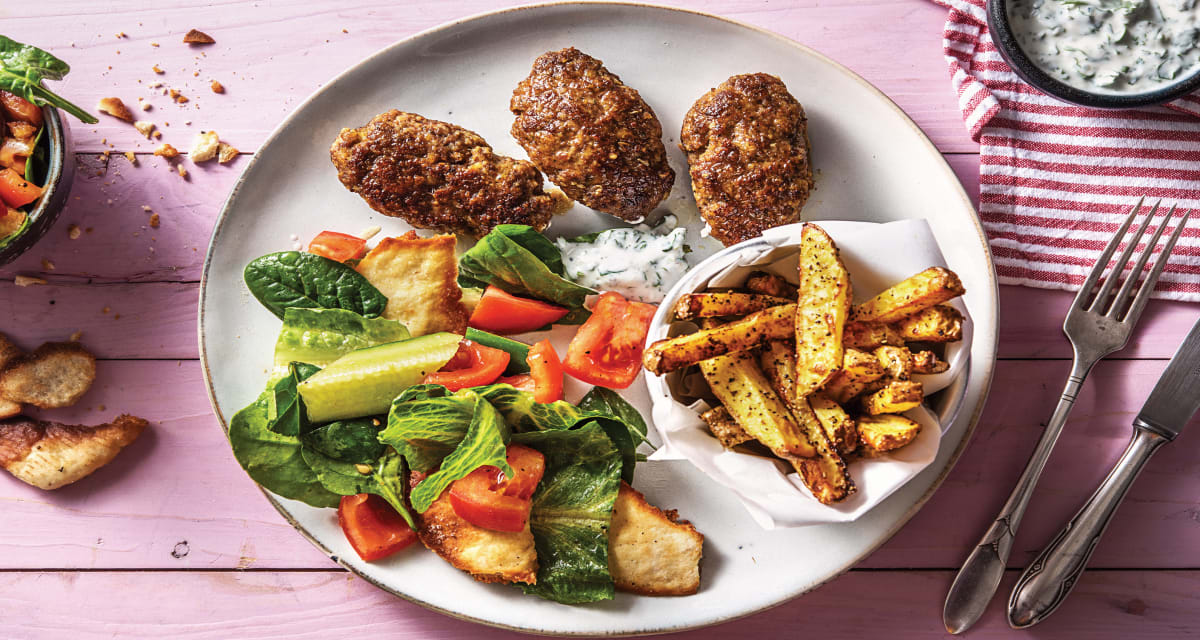 Beef Kofta Mezze Plate with Fattoush Salad & Lemon Pepper Fries-image