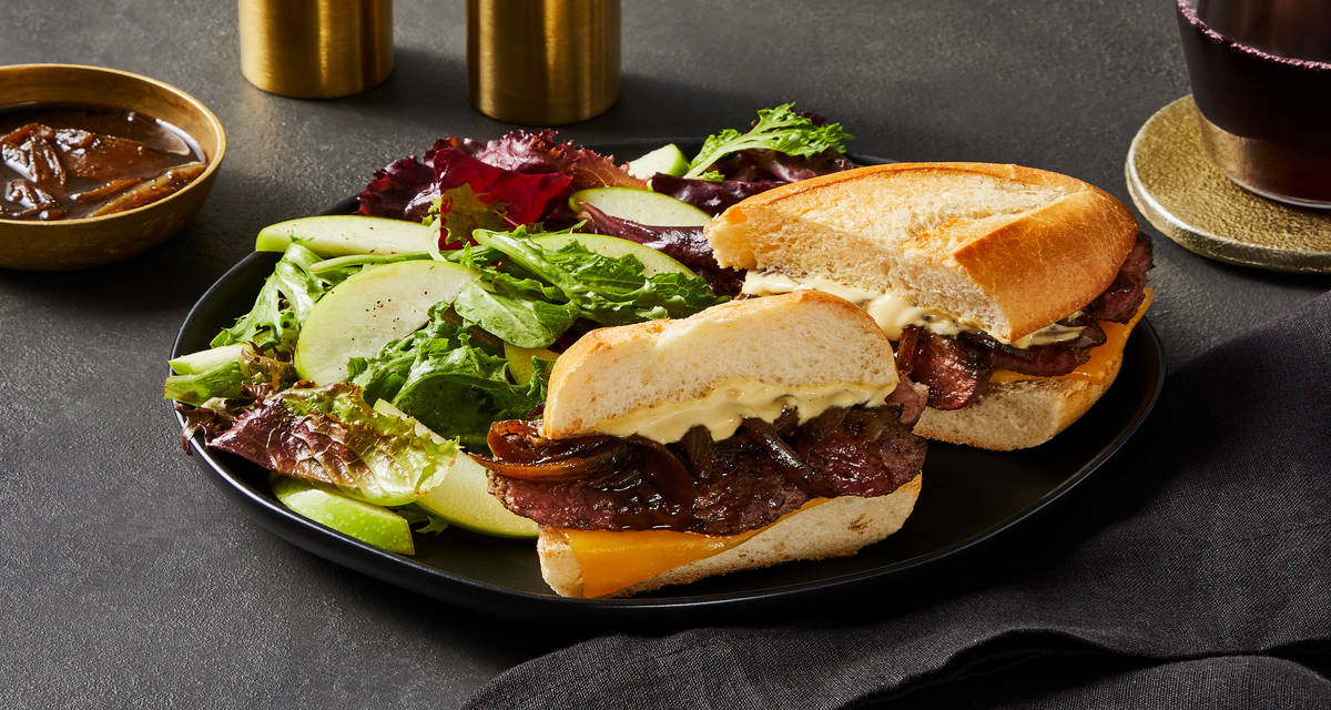 Beef Tenderloin & Gouda Sandos plus Balsamic Au Jus & Mixed Greens Salad with Apple