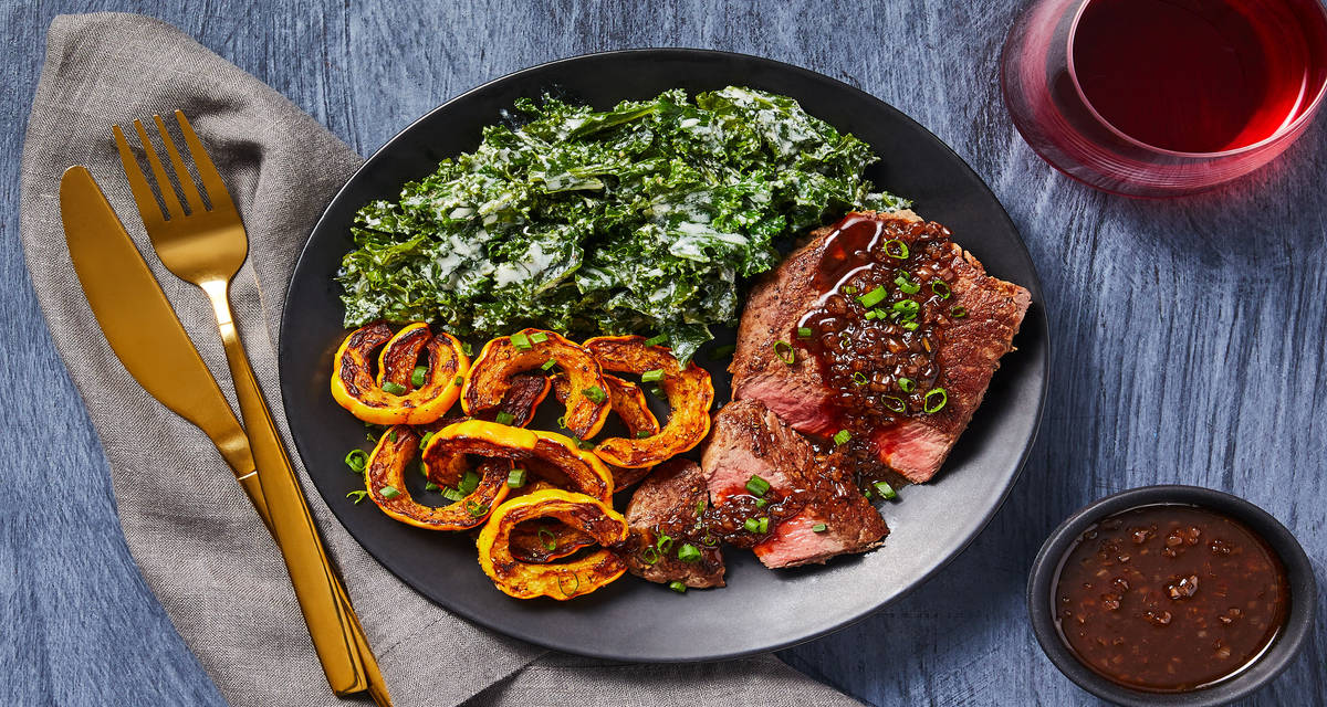 Beef Tenderloin & Shallot Pan Sauce with Garlic Herb Creamed Kale & Delicata Squash