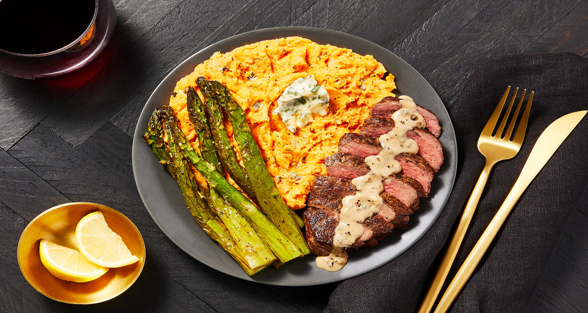 Beef Tenderloin with Au Poivre Sauce with Maple Sage Sweet Potatoes & Lemony Asparagus