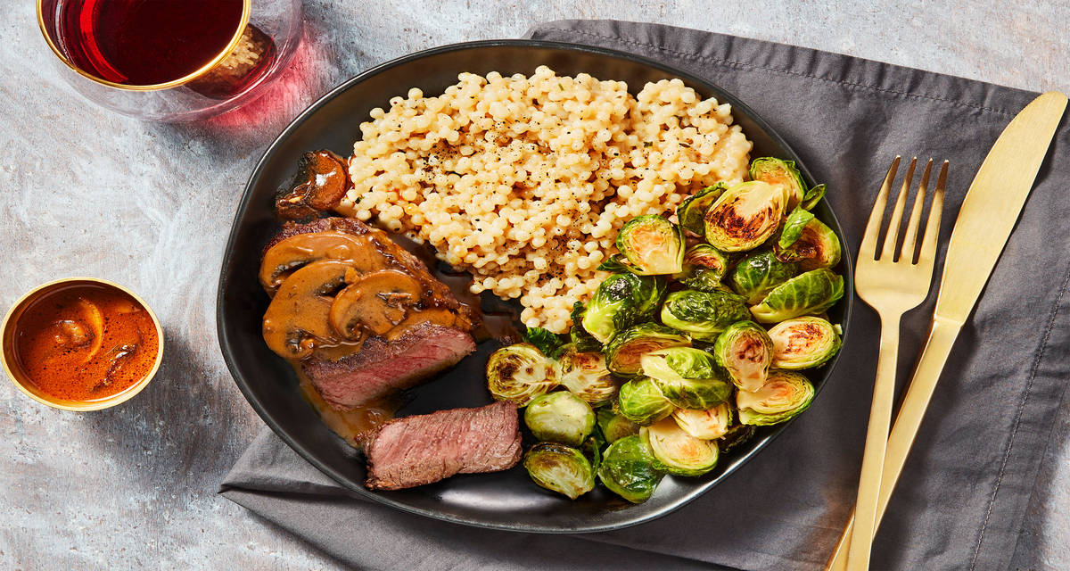 Beef Tenderloin with Mushroom Sauce with Roasted Brussels Sprouts & Couscous