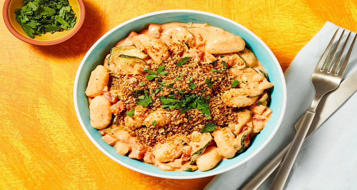 Bell Pepper & Zucchini Gnocchi in a Creamy Pink Sauce with Toasted Garlic Panko