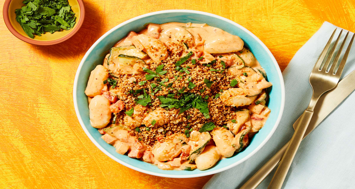 Bell Pepper & Zucchini Gnocchi in a Creamy Pink Sauce with Toasted Garlic Panko-image