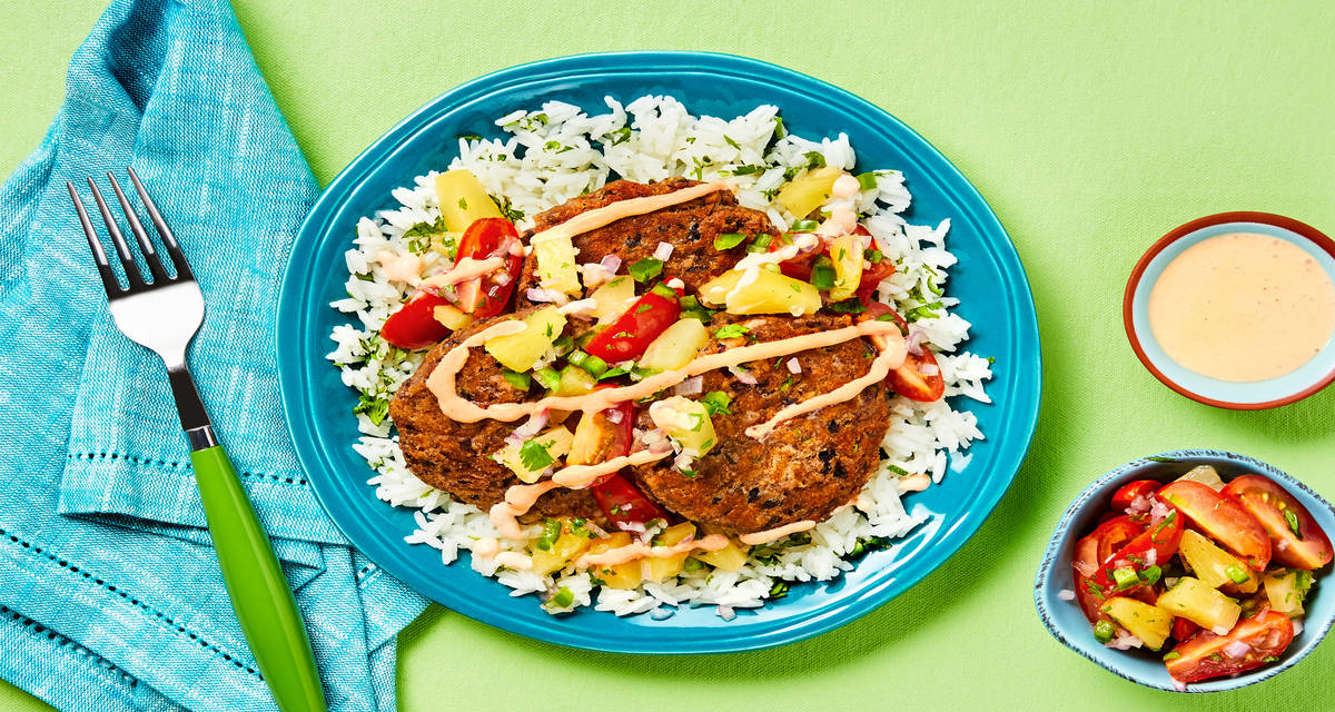 Black Bean Fritter Fun with Pineapple Salsa, Cilantro Lime Rice & Smoky Red Pepper Crema