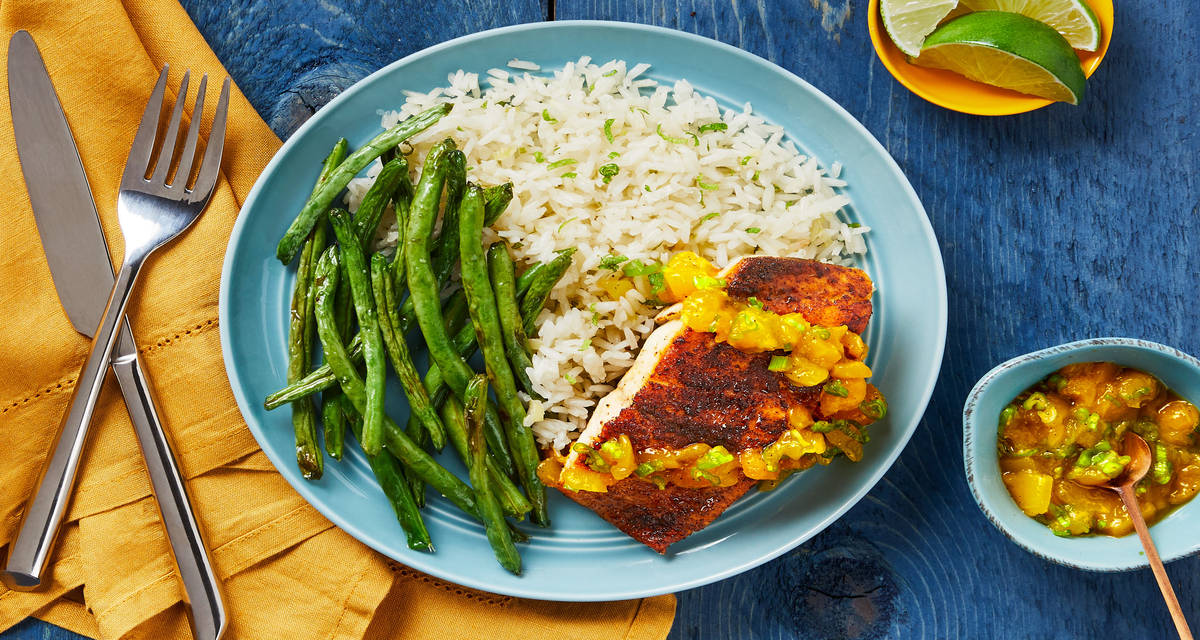 Blackened Barramundi & Mango Salsa with Scallion Rice & Roasted Green Beans