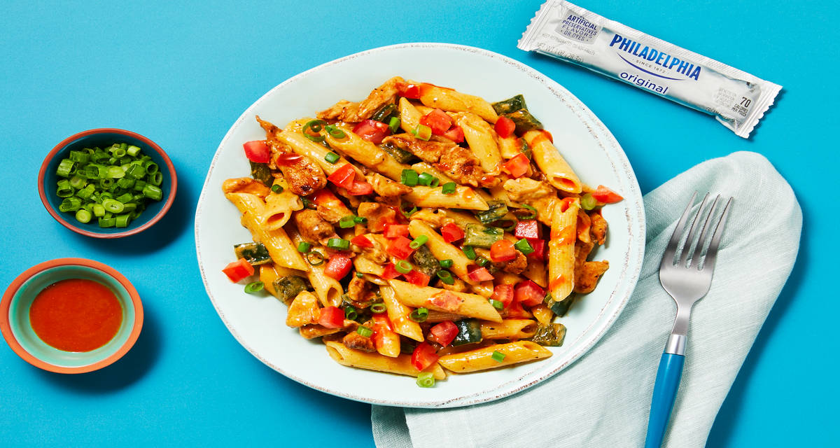 Blackened Chicken Penne with Philadelphia Cream Cheese, Charred Green Pepper & Monterey Jack