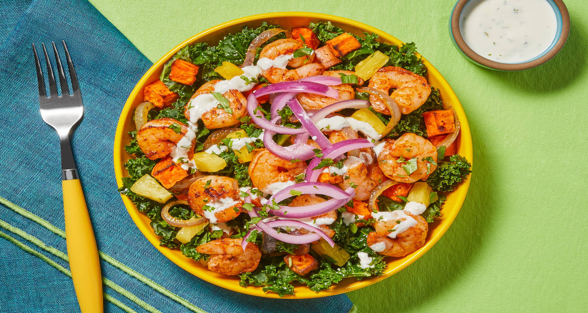 Blackened Shrimp & Kale Salad with Roasted Sweet Potato, Cilantro Lime Vinaigrette & Tropical Crema