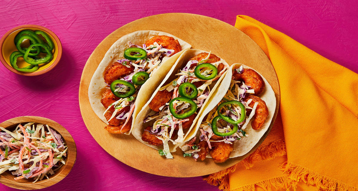 Blazin’ Baja Shrimp Tacos with Southwest Slaw & Pickled Jalapeño