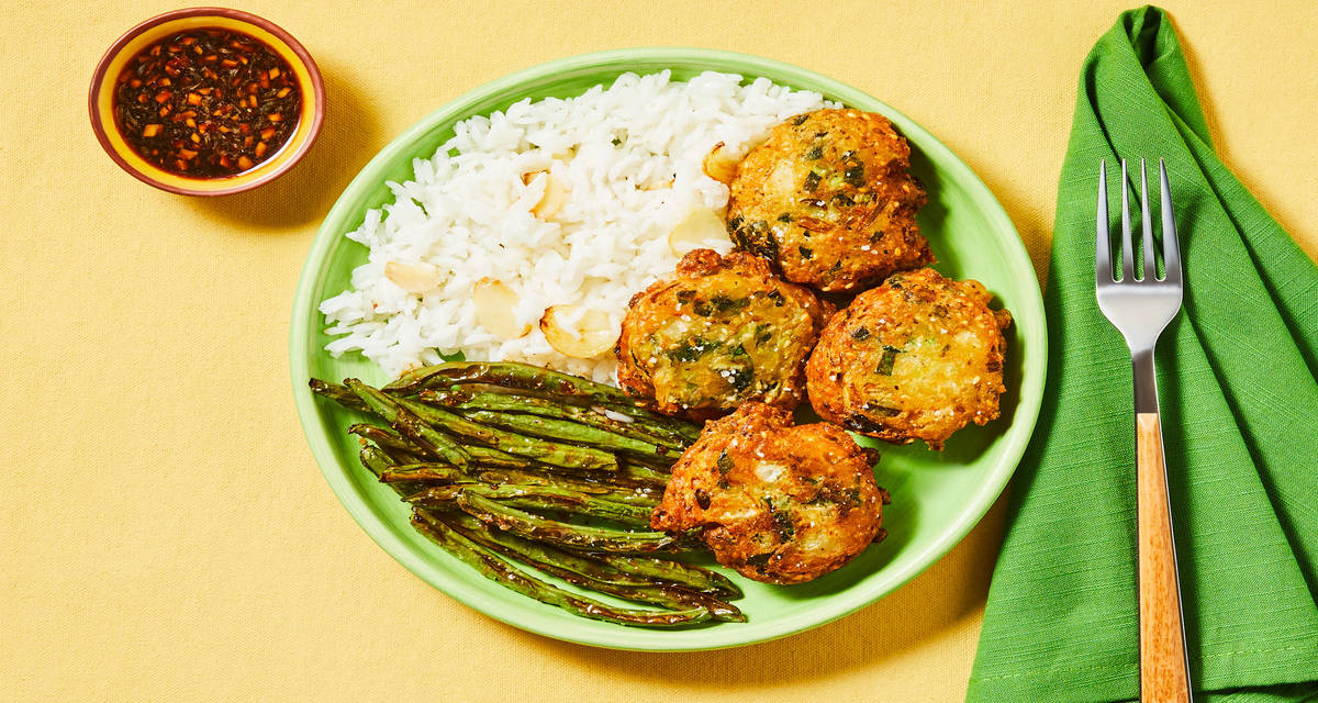 Bok Choy Scallion Fritters with Hoisin-Roasted Green Beans, Garlic Rice & Soy Ginger Sauce