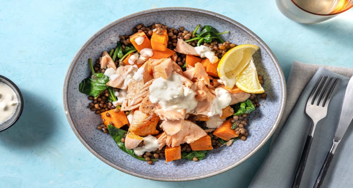 Calorie Smart Salmon and Lemony Lentil Bowl with Spinach, Sweet Potato and Feta Crema-image