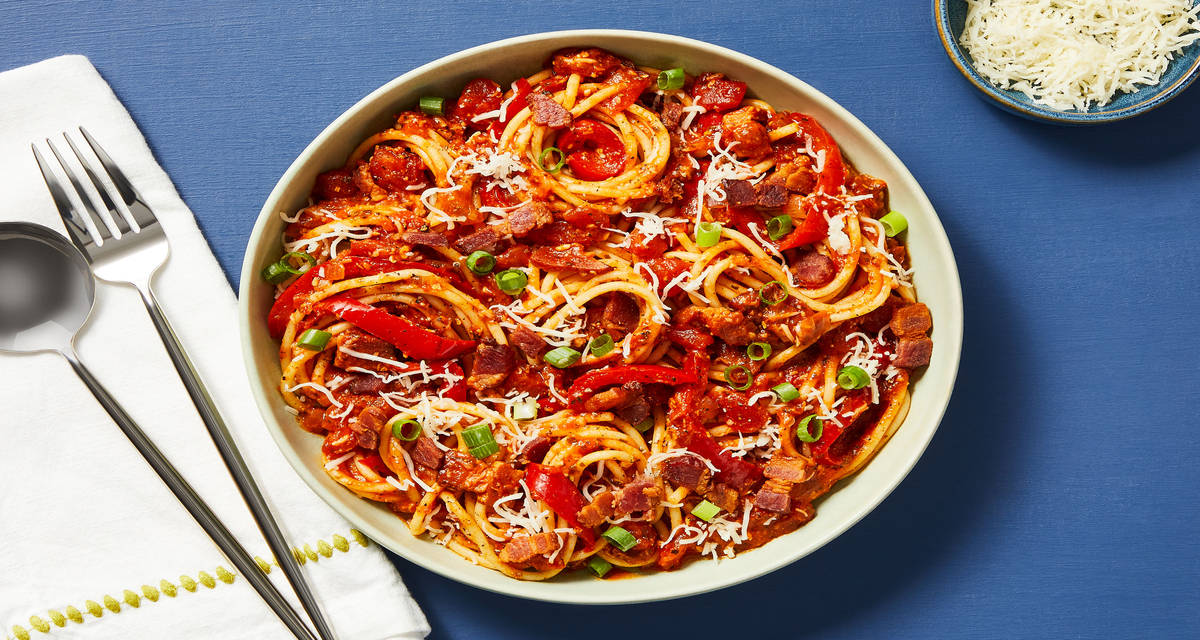 Bring Home the Bacon Spaghetti with Tomatoes, Bell Pepper, Italian Cheese & Scallions