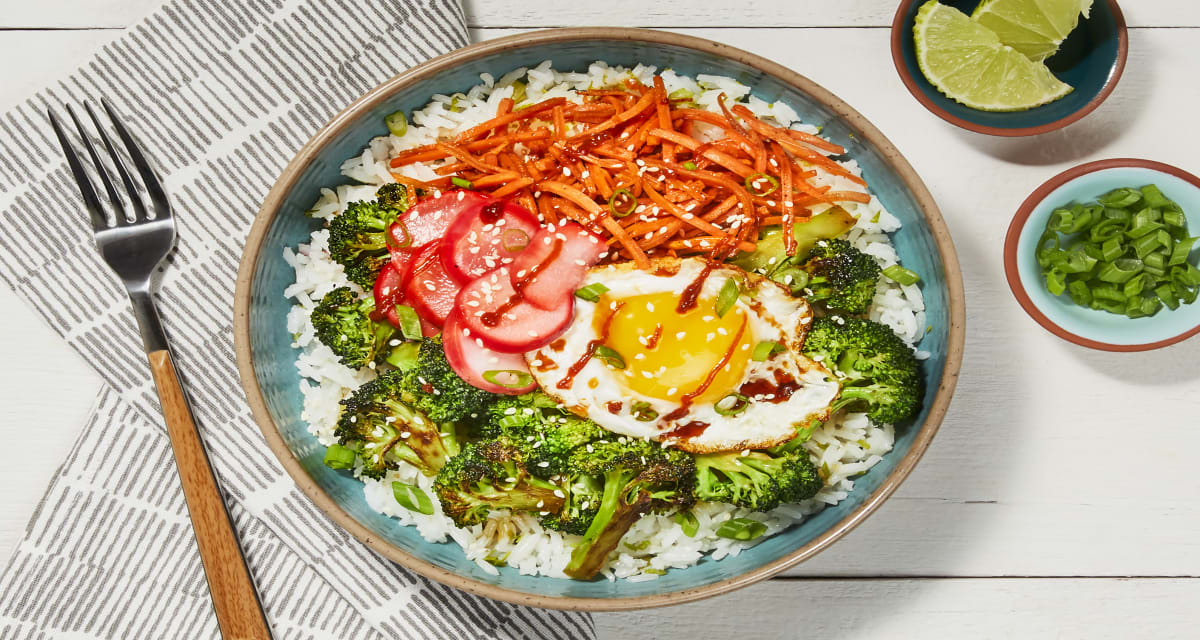 Broccoli-Carrot Donburi with a Fried Egg over Scallion Lime Rice with Pickled Radishes & Sesame Seeds-image