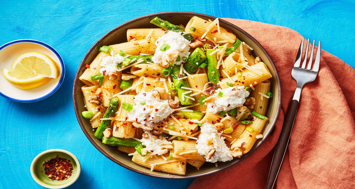 Brown Butter Rigatoni with Asparagus, Walnuts & Lemony Ricotta