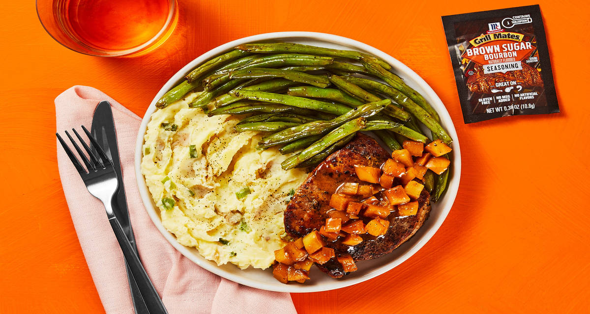 Brown Sugar Bourbon Apple Pork Chops with McCormick Grill Mates Seasoning, Mashed Potatoes & Green Beans