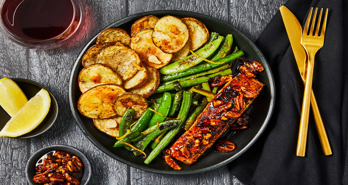 Brown Sugar Bourbon Salmon with Garlic Potatoes, Lemony Veggies & Toasted Pecans