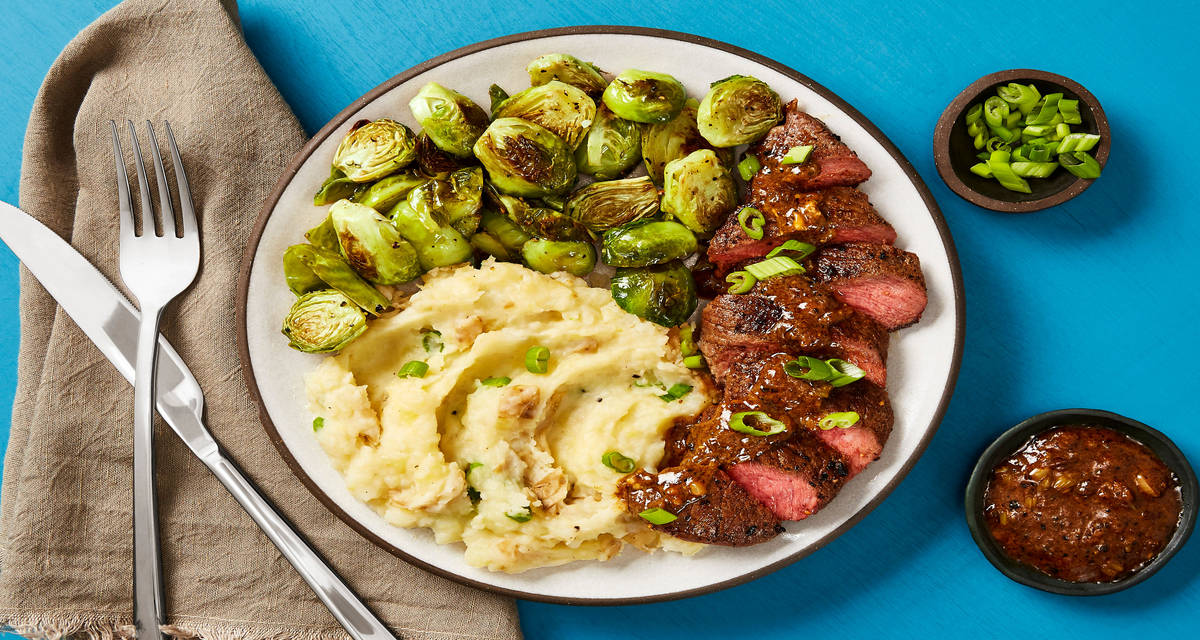 Brown Sugar Bourbon Steak with Creamy Dijon Pan Sauce, Scallion Mashed Potatoes & Roasted Brussels Sprouts