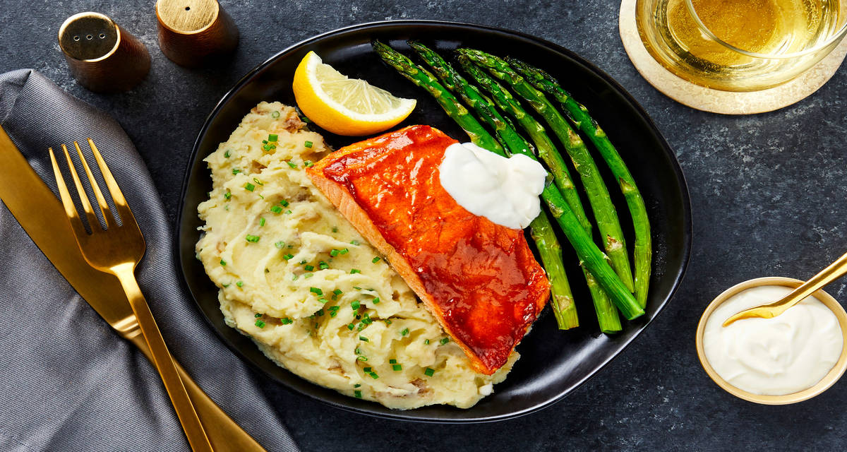 Brown Sugar Dijon Glazed Trout with Lemon Crème Fraîche, Chive Mashed Potatoes & Roasted Asparagus