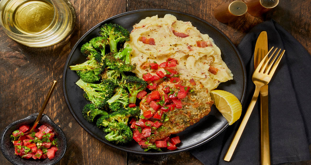 Bruschetta Chicken with a Crispy Mozzarella Crust, Bacon Mashed Potatoes & Broccoli