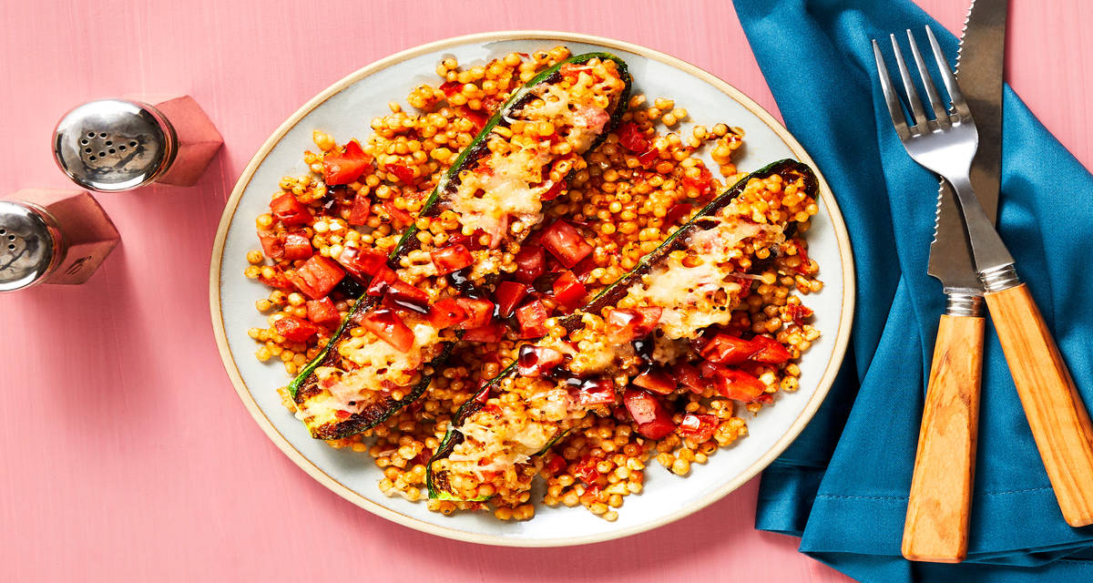 Bruschetta Zucchini Boats with Couscous & Melty Italian Cheeses