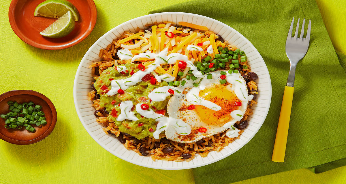 Buenos Días Black Bean Bowls with Chunky Guacamole and a Fried Egg Topper