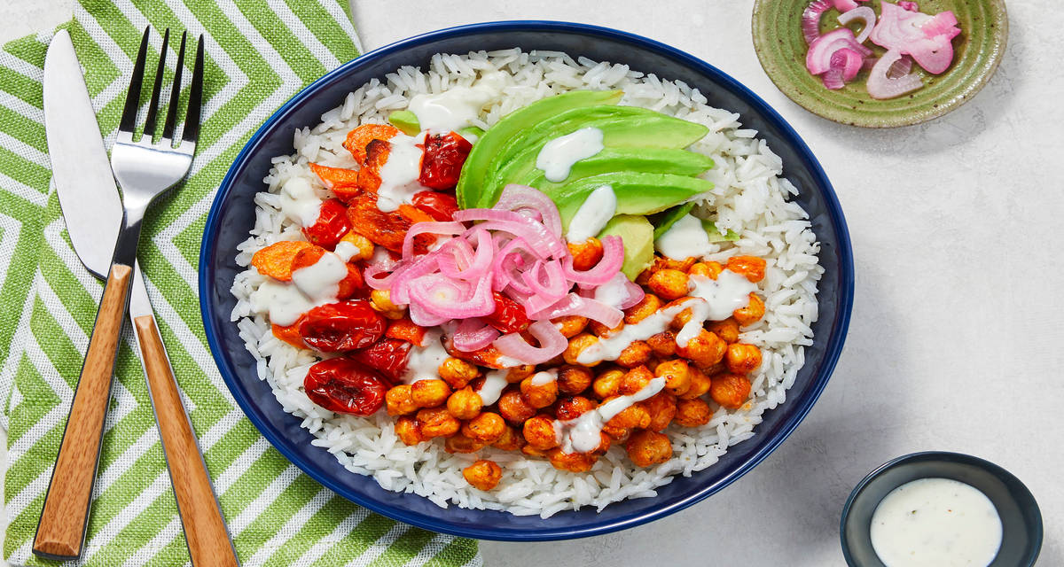 Buffalo-Spiced Chickpea Bowls with Roasted Veggies, Pickled Shallot, Avocado & Buttermilk Ranch