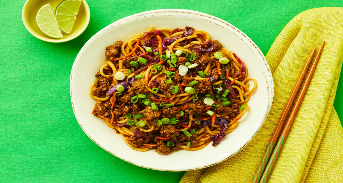 Bulgogi Beef Noodle Stir-fry with Cabbage, Carrots, Lime & Scallions