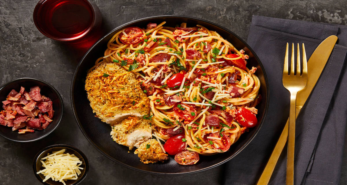Buon Appetito Bacon Chicken over Creamy Sun-Dried Tomato Spaghetti