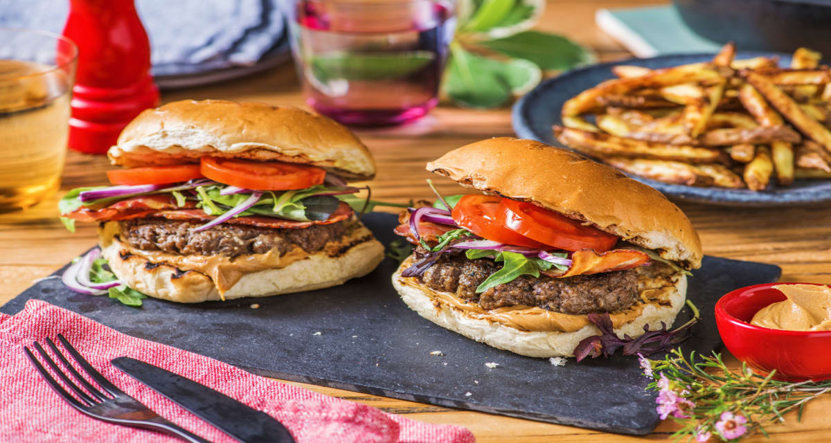 Peanut Butter Burger with Crispy Bacon and Oven Fries