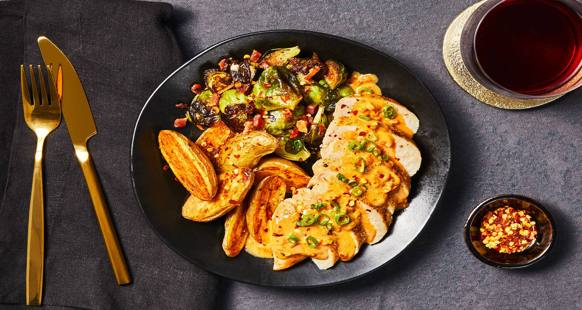 Butter-Basted Chicken with Candied Bacon Brussels Sprouts & Roasted Fingerlings