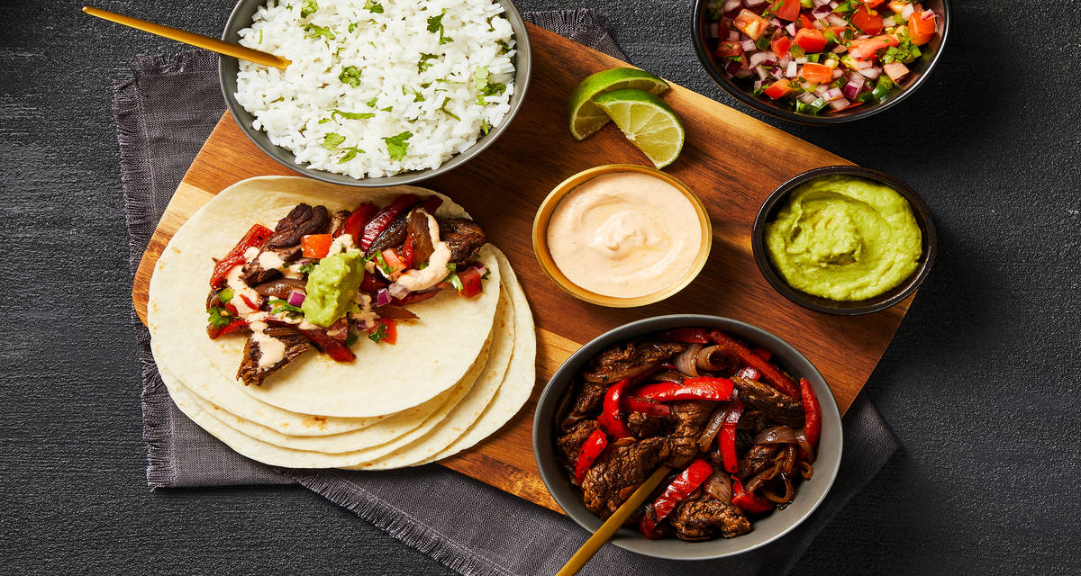 Cantina Steak Fajitas with Cilantro Rice, Pico de Gallo, Guacamole & Smoky Red Pepper Crema