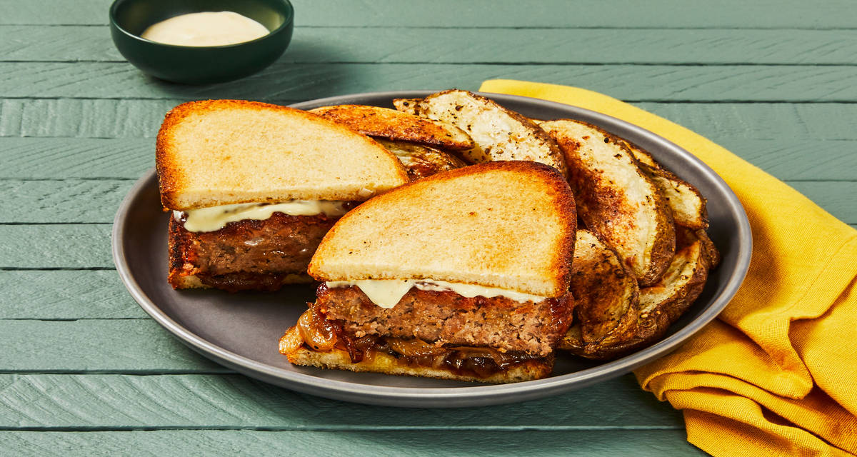 Caramelized Onion Meatloaf Sandwiches with Potato Wedges & Horseradish Dijonnaise