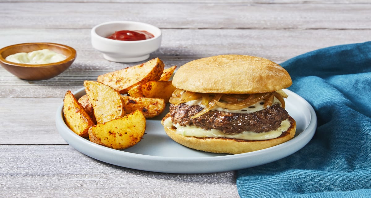 Caramelized Onion Swissburgs with Roasted Garlic Horseradish Aioli & Seasoned Potato Wedges-image