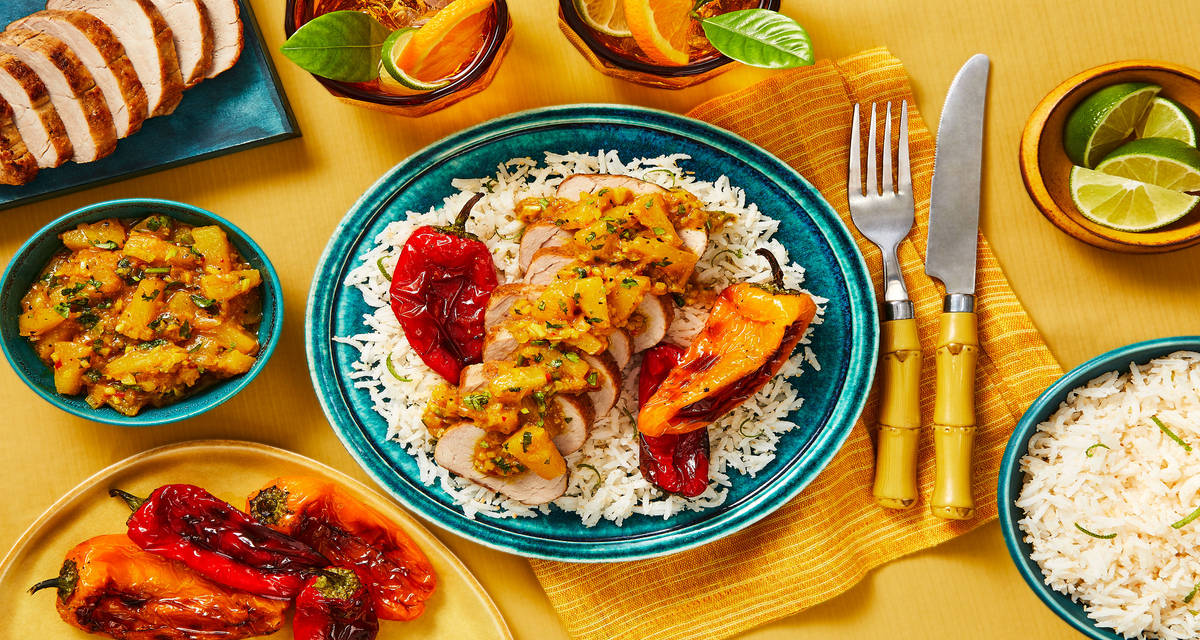 Caribbean Pork with Pineapple Chutney plus Roasted Mini Bell Peppers and Coconut-Lime Rice