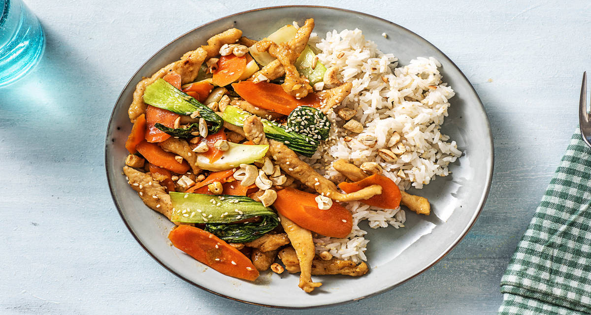 Cashew Chicken Stir-Fry with Baby Bok Choy, Carrots, and Jasmine Rice