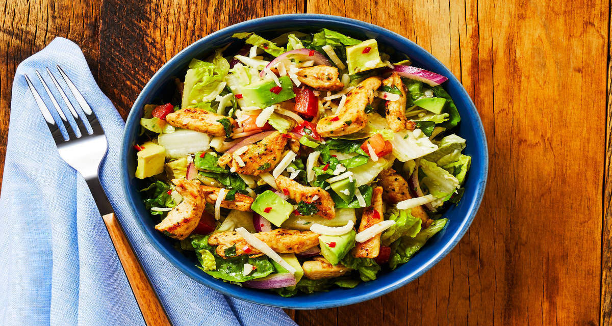 Cha-Cha Chicken & Avocado Salad with Lettuce, Pepper Jack & Cilantro-Cumin Vinaigrette