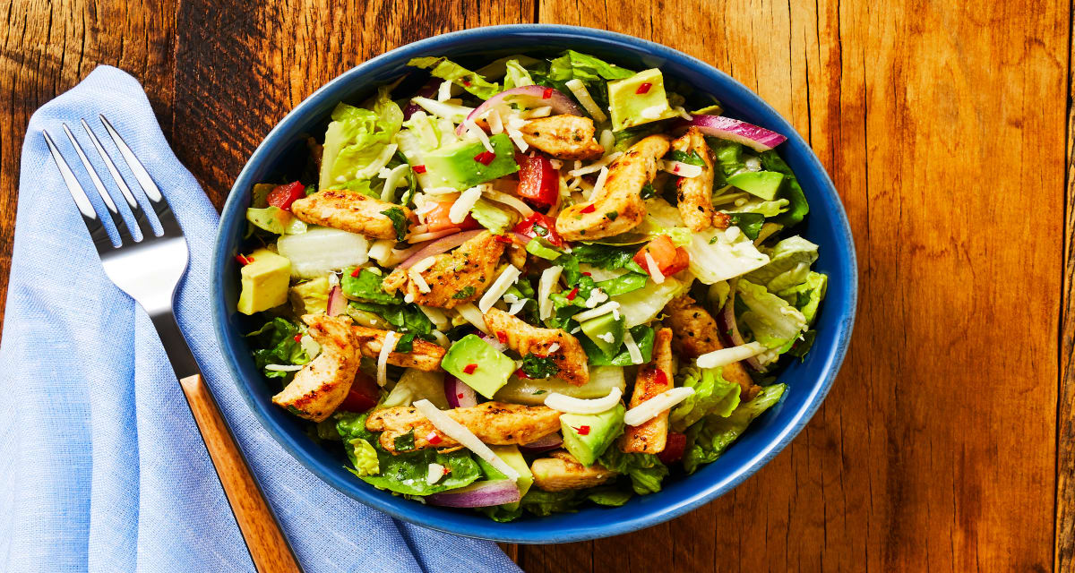 Cha Cha Chicken Avocado Salad with Lettuce Pepper Jack Cilantro Cumin Vinaigrette