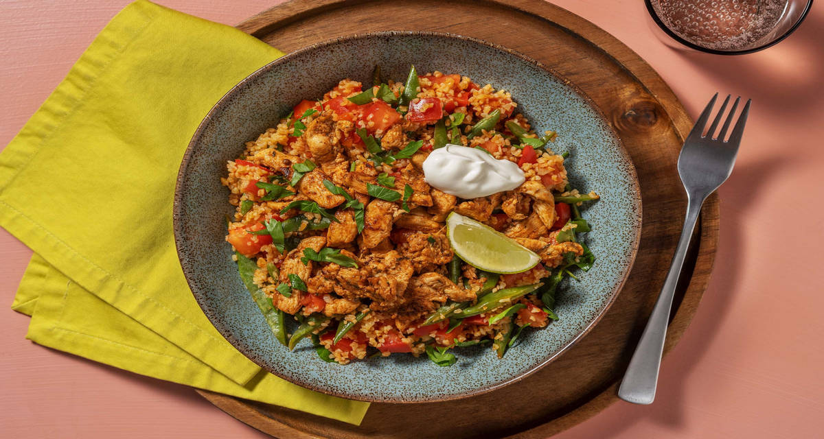 Chawarma de poulet et taboulé haricots plats, tomate, lebné et citron vert