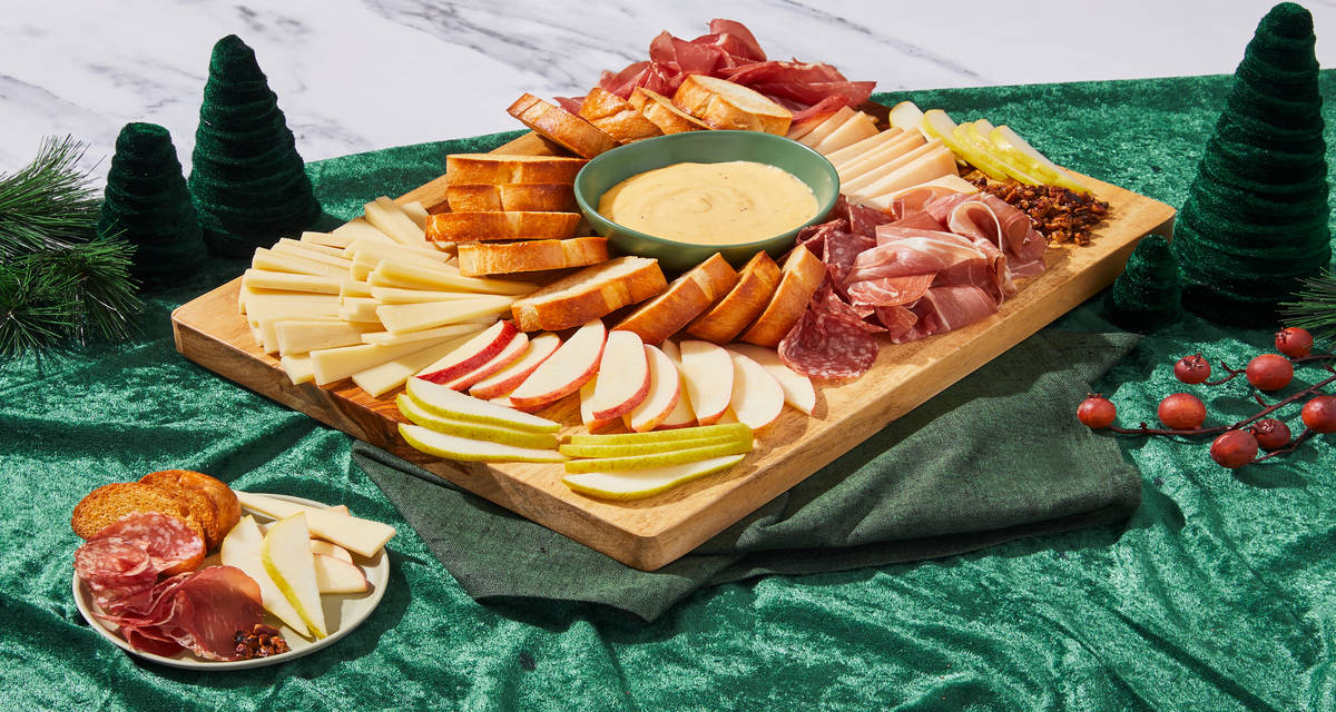 Cheddar Fondue & Charcuterie Board with Apple, Grapes, Spiced Pecans & Crostini | 4-6 servings