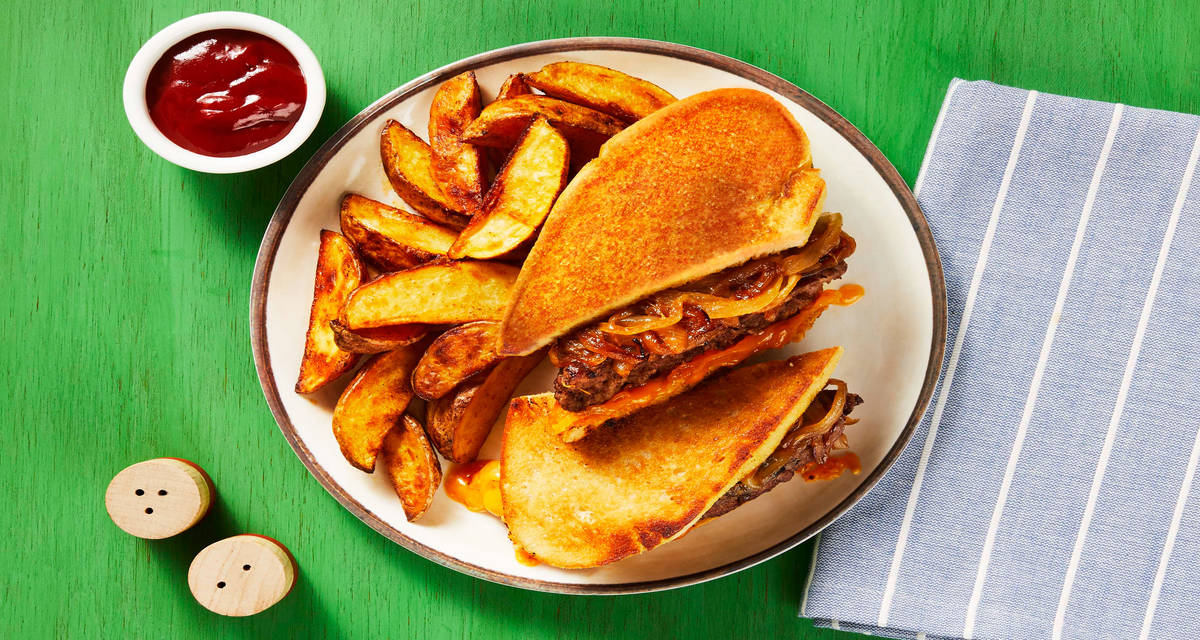 Cheddar Patty Melts with Dijon Caramelized Onion & Potato Wedges