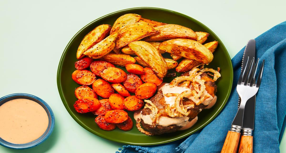 Cheddar-Stuffed Meatloaves with Potato Wedges, Carrots, Crispy Shallot & Special Sauce-image