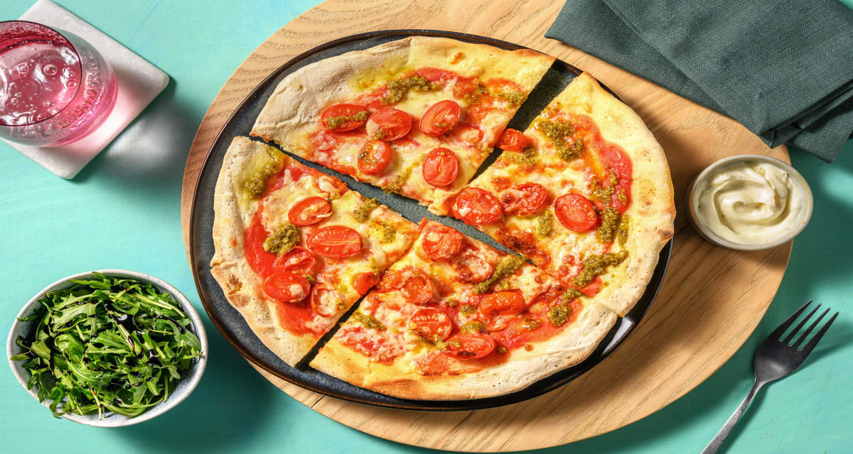 Cheddar Tomato and Basil Pesto Pizza with Balsamic Rocket Salad and Roasted Garlic Dip