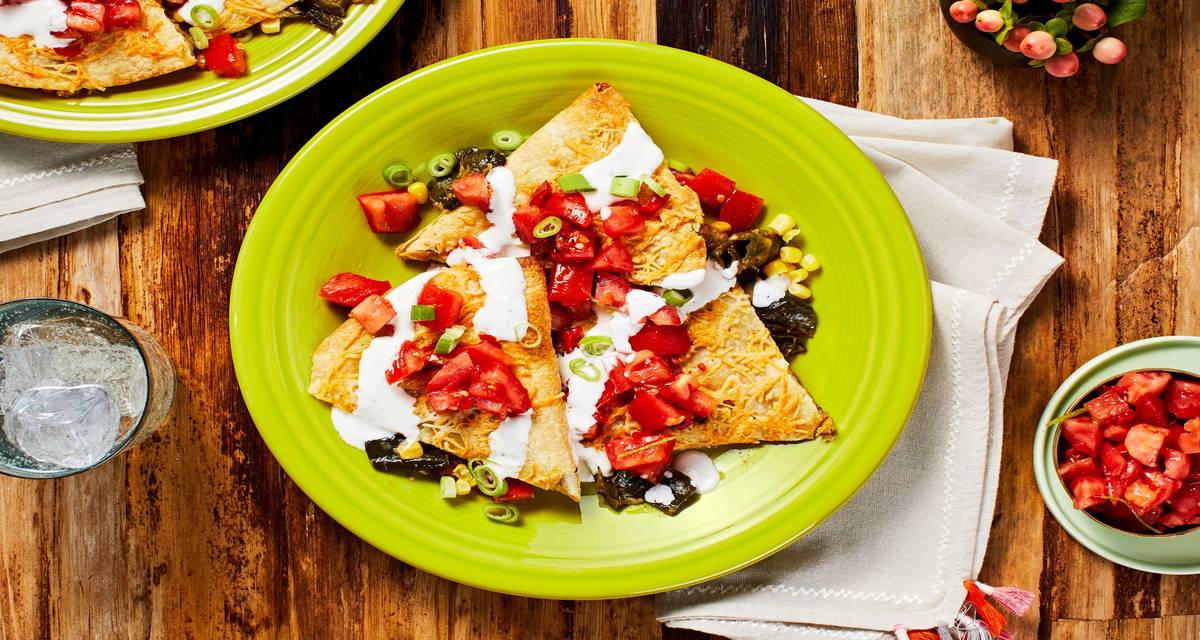 Cheese-Crusted Quesadillas with Corn, Poblano Pepper, Tomato Salsa, and Sour Cream