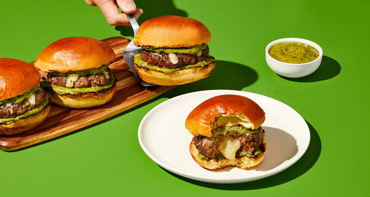 Cheese-Stuffed Burgers with Pesto Aioli Just for the bun of it. | 4 Servings