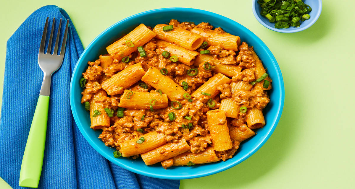 Cheeseburger Rigatoni with Cheddar & Scallions
