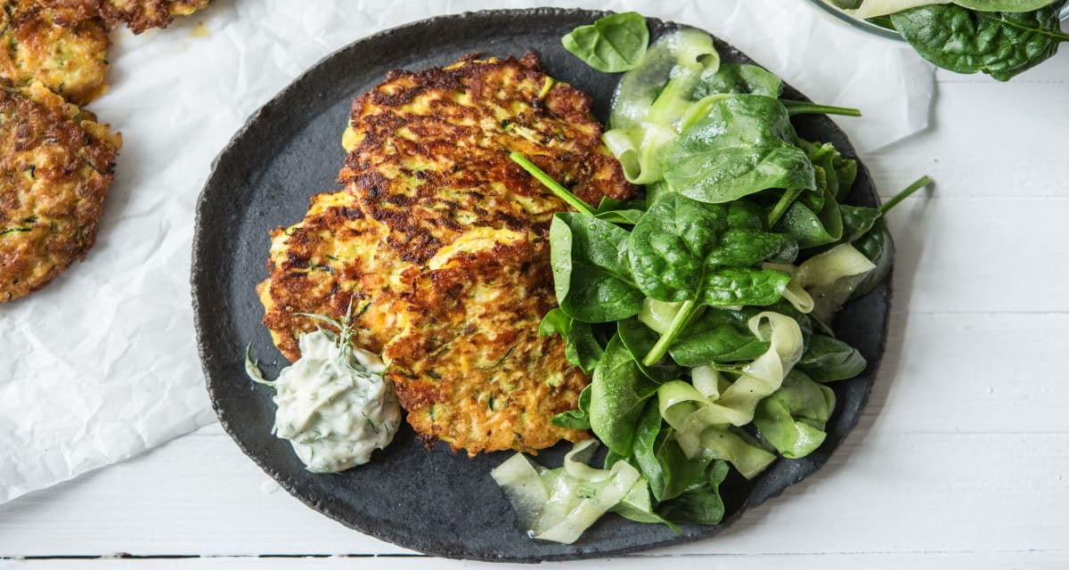 Cheesy Bacon Fritters with Herby Mayo & Crouton Salad Recipe | HelloFresh