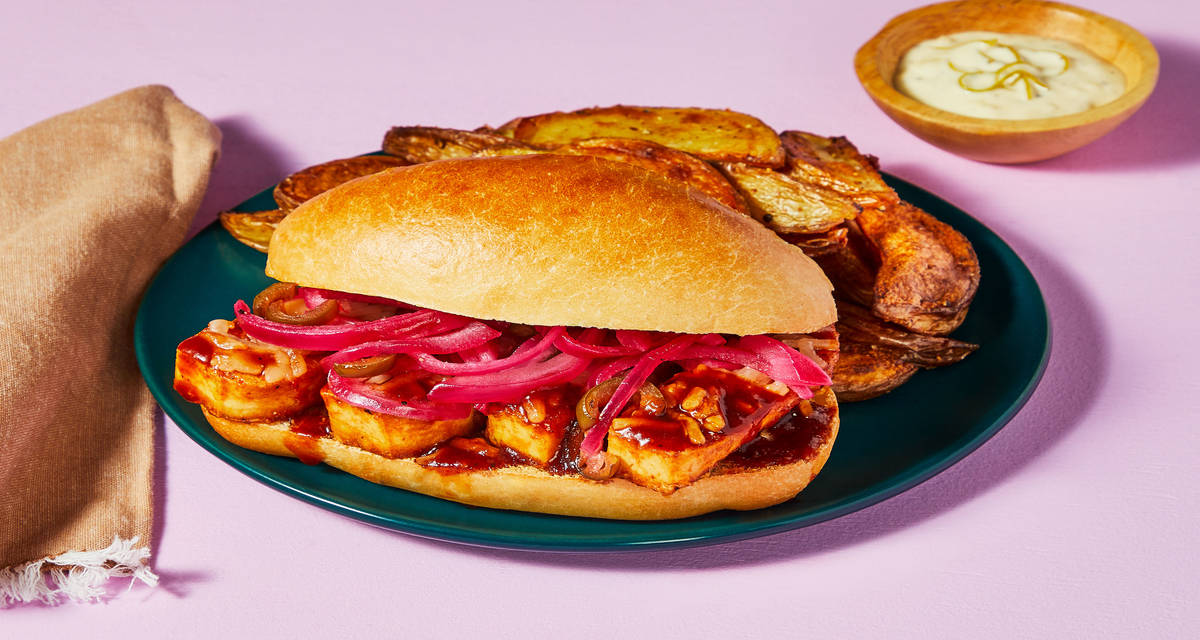 Pepper Jack BBQ Tofu Subs with Pickled Veggies, Potato Wedges & Garlic Lime Mayo