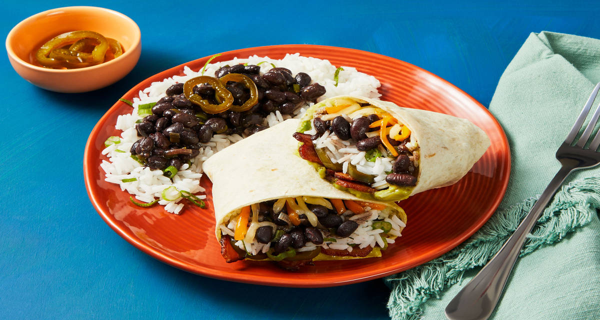 Cheesy Black Bean & Bacon Burritos with Pickled Jalapeño & Guacamole