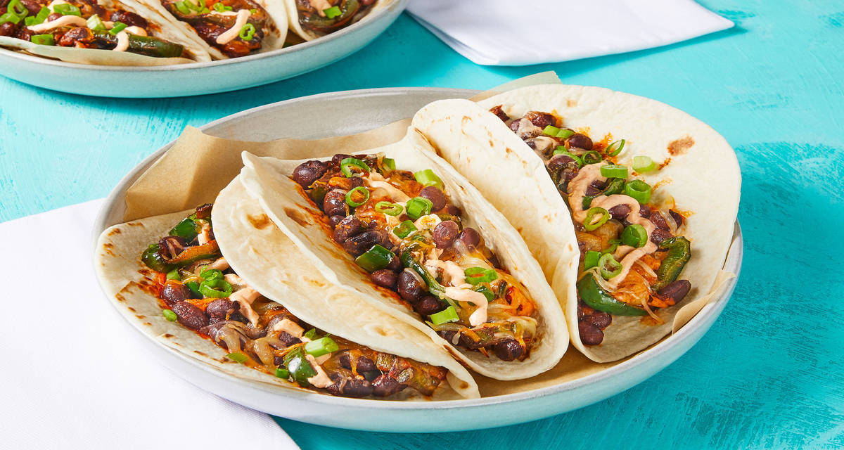 Cheesy Black Bean Tacos with Poblano & Smoky Red Pepper Crema