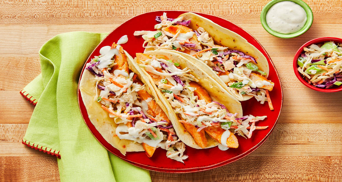 Cheesy Buffalo Chicken Tacos with Creamy Ranch Slaw